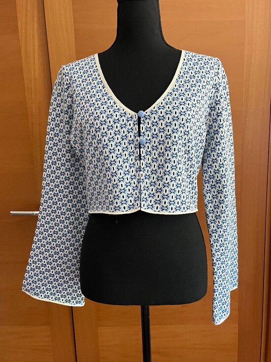 Zara Sweaters - Zara Cropped Knit Cardigan w/ Flared Long Sleeves in Geometric Blue Print NWOT
